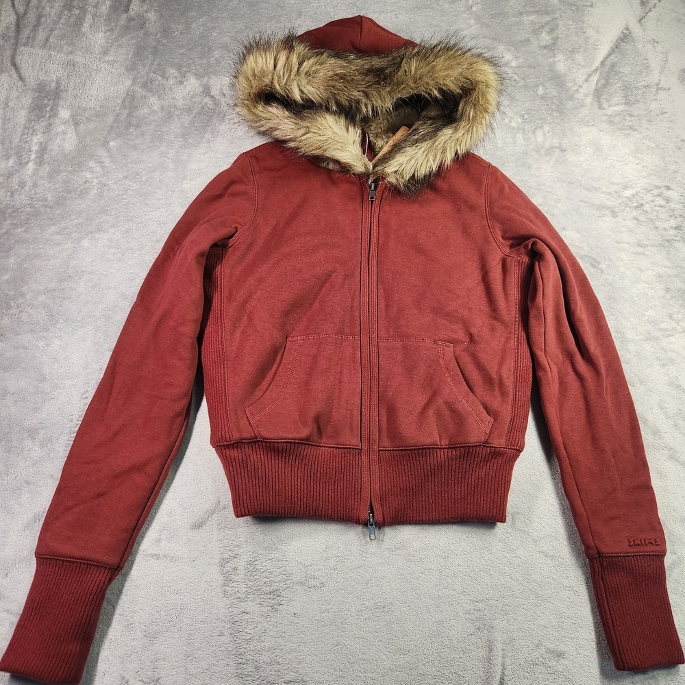 New SKIMS Cotton Fleece Fur Lined Zip Up Hoodie Jacket Merlot Red XXS Snow Bunny
